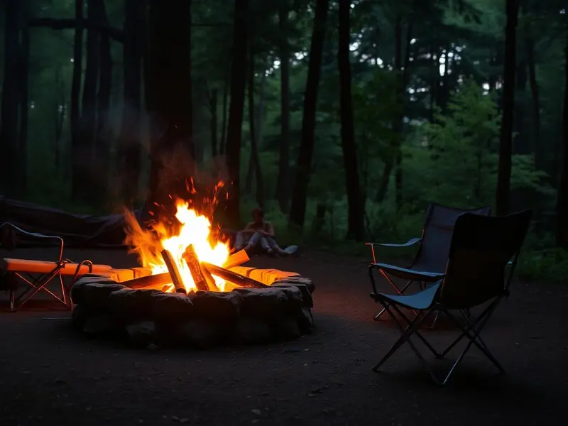 A Host and guests talking beside a firepit at a small private campsite in the evening A Host and guests talking beside a firepit at a small private campsite in the evening
